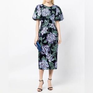 MARCHESA NOTTE NAVY FLORAL EMBROIDERED BUBBLE SEQUIN MIDI DRESS